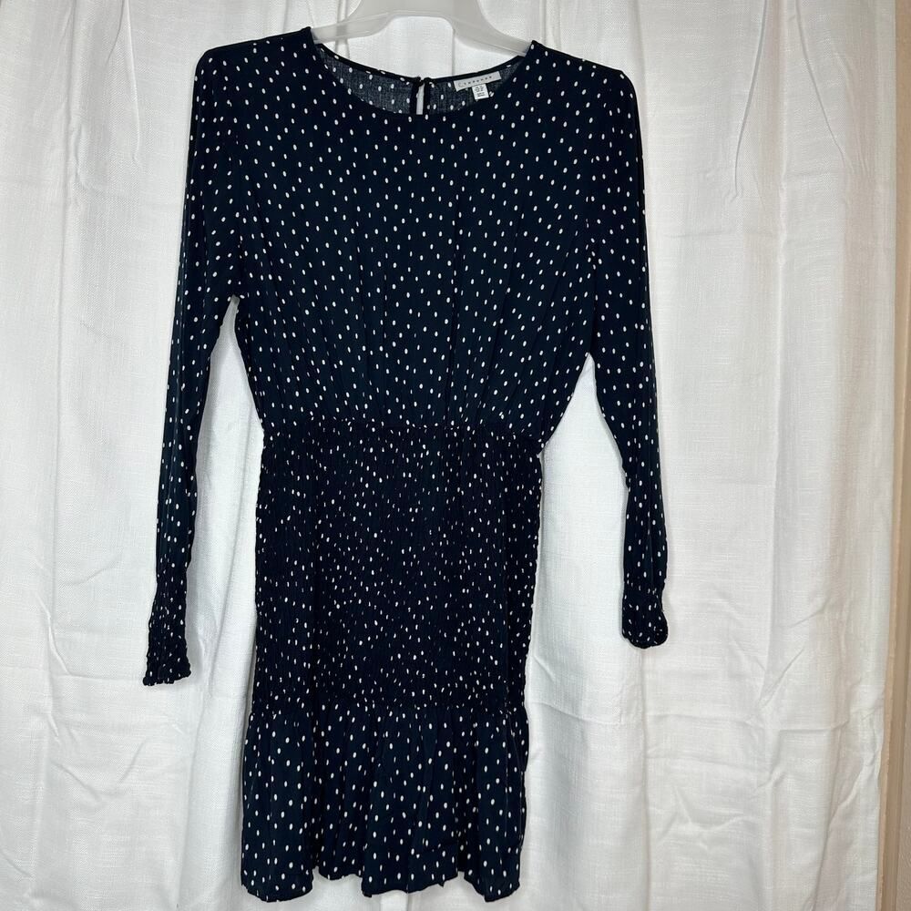 Topshop shirred mini dress in navy polka dot Size: US 10